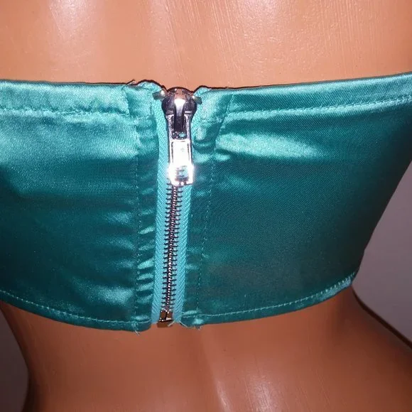 Princess Polly Crop Top Size 4 Teal Satin Draped Neck Solid Zip Up Back Preowned - Picture 7 of 8